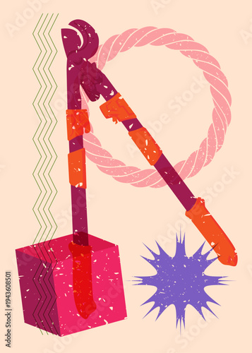 Risograph Wire cutter with geometric shapes. Objects in trendy riso graph print texture style design with geometry elements.