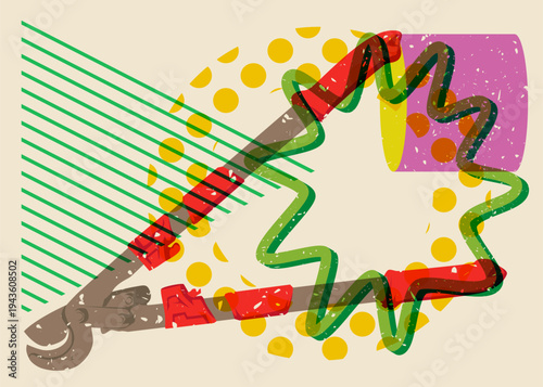 Risograph Wire cutter with geometric shapes. Objects in trendy riso graph print texture style design with geometry elements.