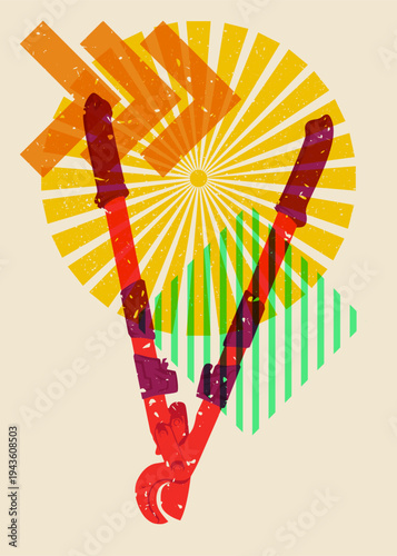 Risograph Wire cutter with geometric shapes. Objects in trendy riso graph print texture style design with geometry elements.