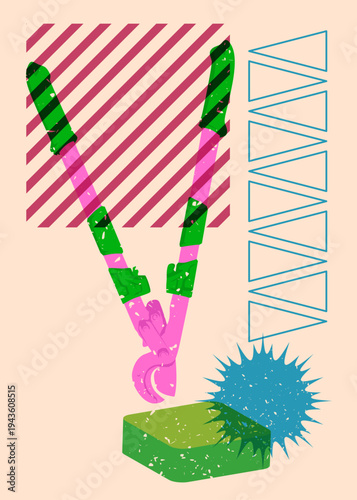 Risograph Wire cutter with geometric shapes. Objects in trendy riso graph print texture style design with geometry elements.