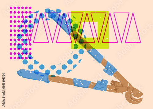 Risograph Wire cutter with geometric shapes. Objects in trendy riso graph print texture style design with geometry elements.