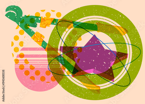 Risograph Wire cutter with geometric shapes. Objects in trendy riso graph print texture style design with geometry elements.