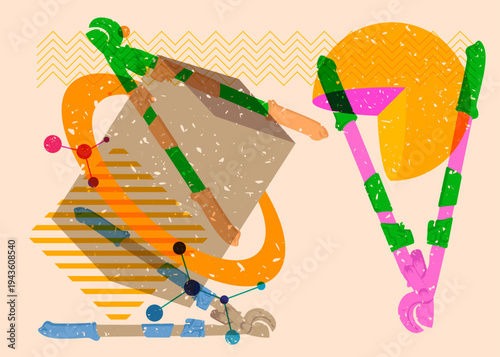 Risograph Wire cutter with geometric shapes. Objects in trendy riso graph print texture style design with geometry elements.