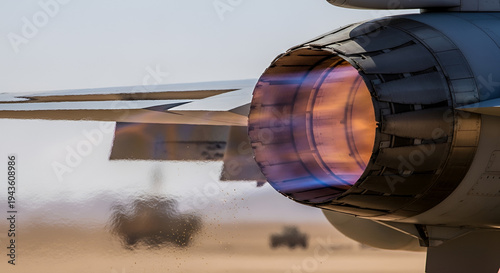 Rear view of an F-16 Fighting Falcon with afterburner engaged at dusk creating vibrant flame colors powerful technology in action for defense industry use