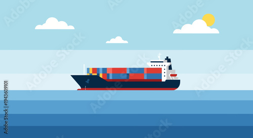 Flat design illustration of a large cargo ship with colorful containers on the ocean, symbolizing global trade, international shipping, and maritime logistics