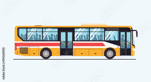 Yellow passenger bus with people inside, a form of public transportation, illustration