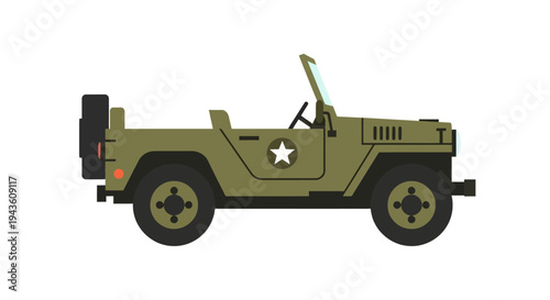 Flat design illustration of a vintage military jeep in olive green with white star emblem