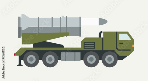 Tactical military missile launcher truck vector illustration. Army defense vehicle equipped with a surface-to-air missile for modern warfare and security operations