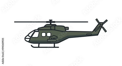 Flat design vector illustration of an airborne military transport helicopter, symbolizing defense and rapid deployment, suitable for various graphic projects