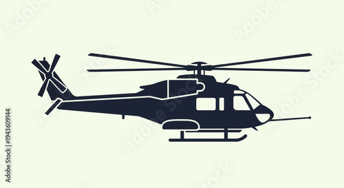 A detailed silhouette illustration of a modern helicopter in flight, showcasing its mechanical design and aerial capabilities