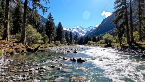 A clear mountain river flows over s through a lush green forest