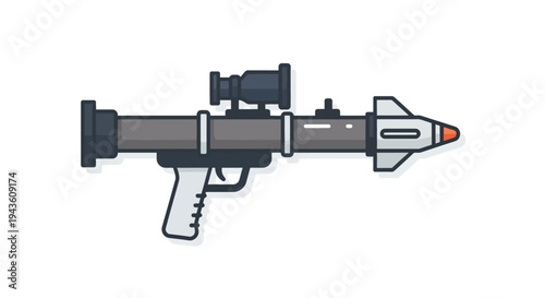 Illustration of a rocket launcher weapon with scope and firing mechanism
