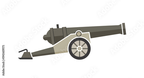 Stylized flat design illustration of an ancient artillery piece, a historical heavy weapon with wheels, depicting a vintage military cannon used in past conflicts