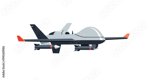 Advanced military drone for reconnaissance and aerial surveillance, an unmanned aerial vehicle with combat capabilities depicted in a modern flat vector illustration on a clean white background