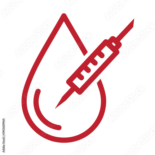 Red icon of a syringe injecting into a drop  medical concept  health and medicine symbol