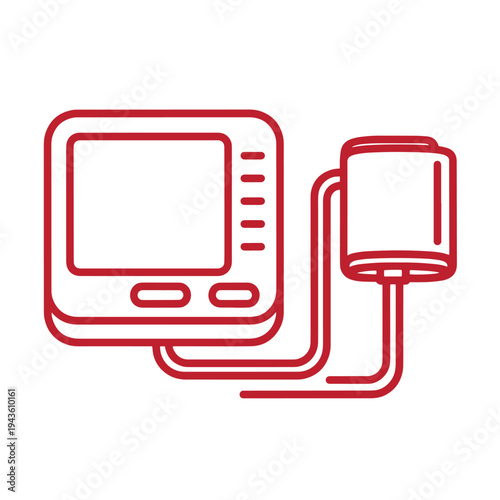 red line icon of a blood pressure monitor with cuff and gauge on white background