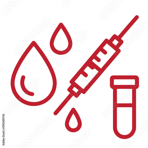 Red medical syringe with drop icons and test tube  medical equipment for injection or blood sampling