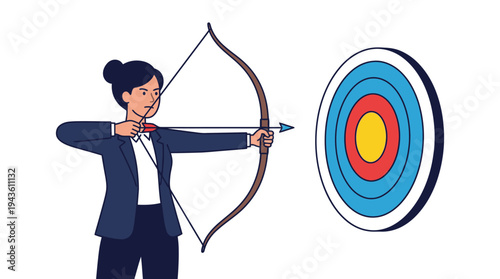 Ambitious businesswoman aiming bow and arrow at a bullseye target