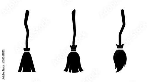 Three black silhouette witch brooms