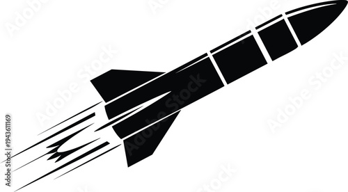 Rocket missile launch silhouette, military rocket weapon system, space launch vehicle, defense technology illustration isolated black vector icon