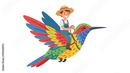 Cartoon illustration shows person with hat riding a colored hummingbird