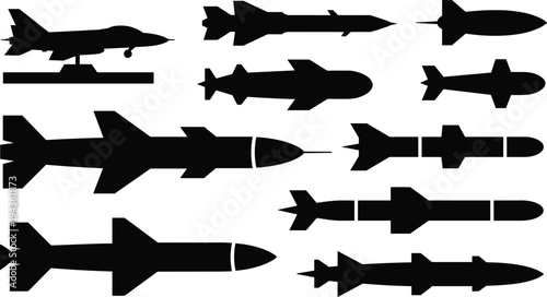 Missile silhouettes collection, military rocket weapons set, guided missiles and bombs, defense technology aviation war equipment vector icons