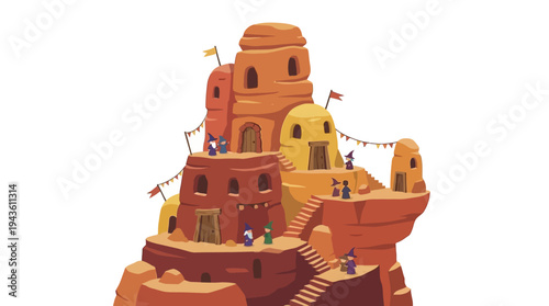 Cartoon illustration of whimsical rock formation resembling ancient dwellings
