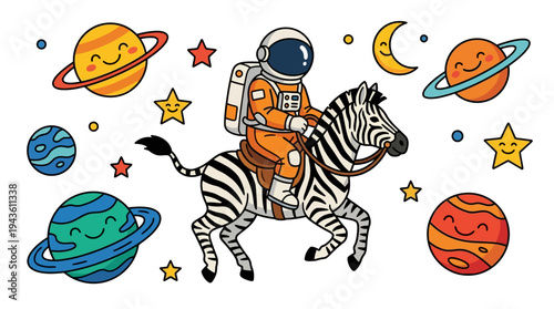 Cartoon illustration shows an astronaut riding a zebra in space