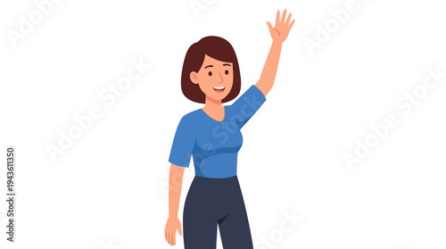 Cartoon showing a woman in blue shirt waving and smiling