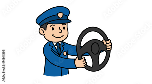 Cartoon image of driver in uniform holding a steering wheel