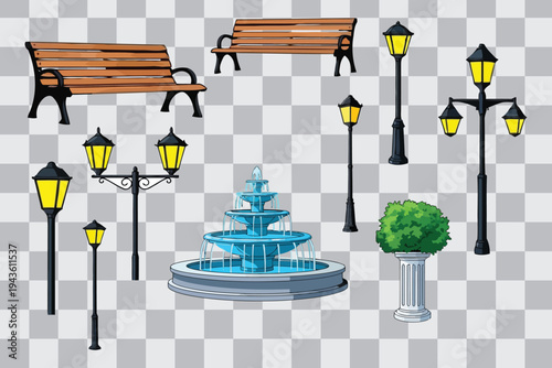 City park elements set with wooden bench fountain and street lamps
