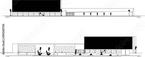 sketch illustration silhouette vector image architectural design view section facade garden mall supermarket plaza modern minimalist shopping center