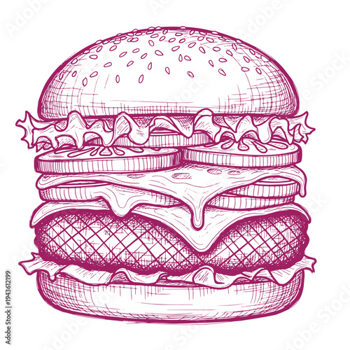 A detailed illustration of a doubledecker burger with melted cheese lettuce and tomato on a sesame seed bun