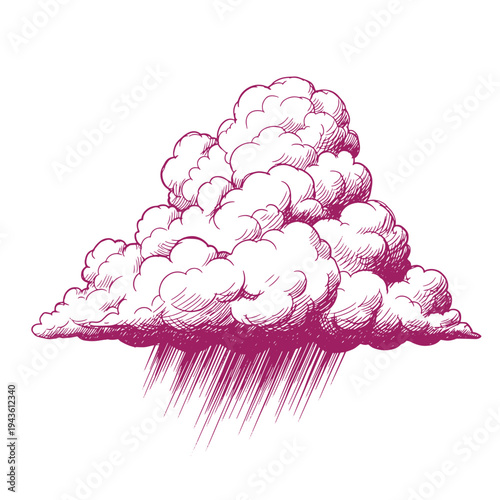 A large pink rain cloud with rain pouring down isolated on white background