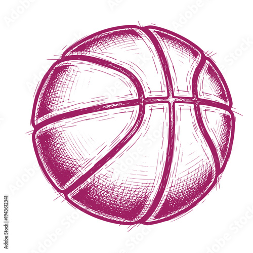 A handdrawn sketch of a basketball with a pinkishpurple color and detailed shading on a white background