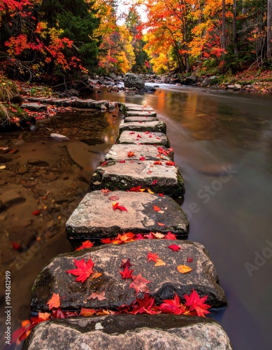 Stone path across a calm stream amid vibrant autumn foliage