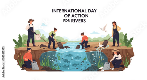 Illustration of people protecting a river ecosystem on International Day of Action for Rivers with a focus on conservation and sustainability.