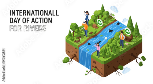 Isometric illustration of people protecting a river ecosystem on International Day of Action for Rivers with a focus on conservation and sustainability.