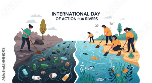 Illustration of people cleaning polluted river on International Day of Action for Rivers with a split design contrasting dirty and clean water.