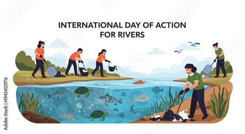 Illustration of people cleaning up riverbank and waterway on International Day of Action for Rivers, promoting river conservation and environmental activism with a focus on freshwater
