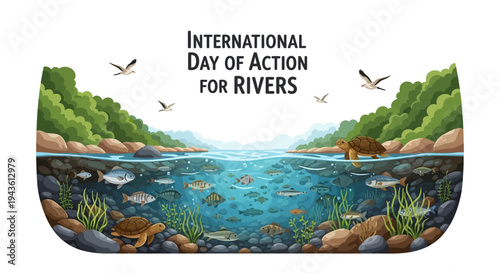 Illustration of a vibrant river ecosystem with fish, plants, and birds, promoting International Day of Action for Rivers with a clean design on a white background.