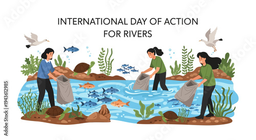 Illustration of people cleaning a river with fish and plants, promoting river conservation and environmental activism on International Day of Action for Rivers.