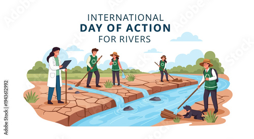 Illustration of people engaging in river conservation activities on International Day of Action for Rivers with a focus on environmental activism and sustainability.