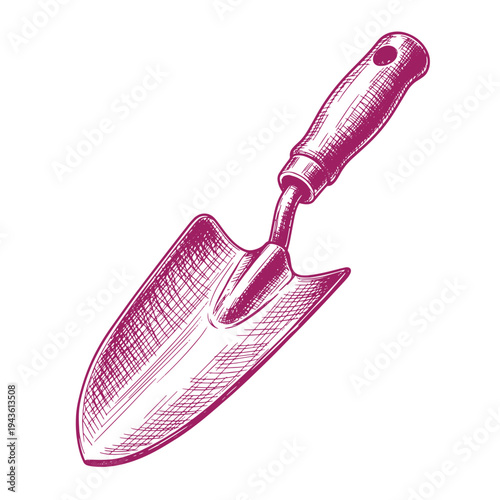 Vibrant pink illustration of a garden trowel with handle on white background for gardening and landscaping projects