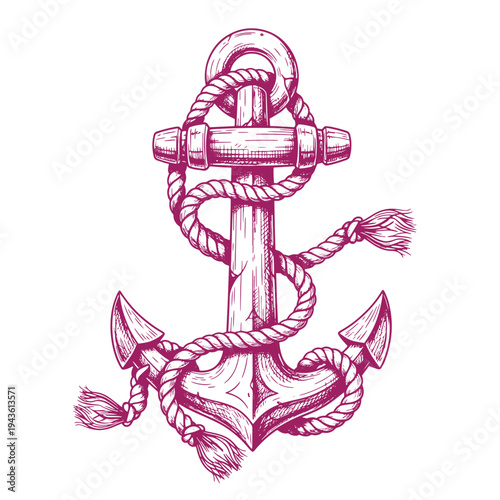 Vintage nautical anchor symbol with rope wrapped around it in pink color  maritime icon illustration