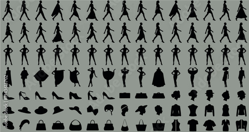 Fashion Models and Runway Silhouette Set Pack. Editable Vector Illustration. featuring   silhouette, female, fashion, woman, graphic, design, clothing, accessory, collection, avatar, model more