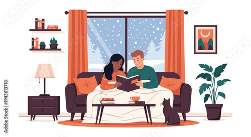 Diverse couple sits comfortably on a living room sofa under a warm white blanket while reading an interesting book together during a winter day.