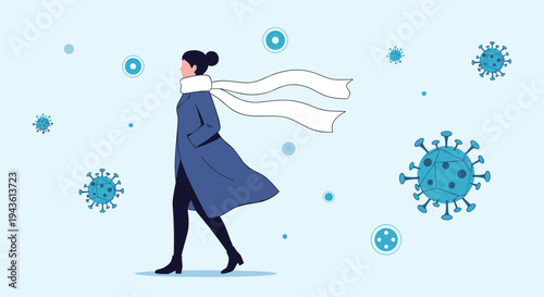 Resilient woman wearing a warm blue coat and a long white scarf walks confidently through a digital representation of floating virus particles.