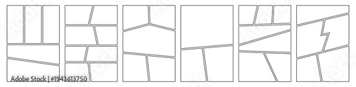 Blank comic book page layout templates with various panel arrangements for storytelling