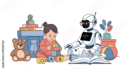 Curious toddler sits on the floor playing with alphabet blocks while a friendly domestic robot reads an open book next to toys and a teddy bear.